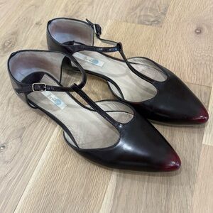 Boden Dark Maroon T-Strap Leather Pointed Toe Dress Flats